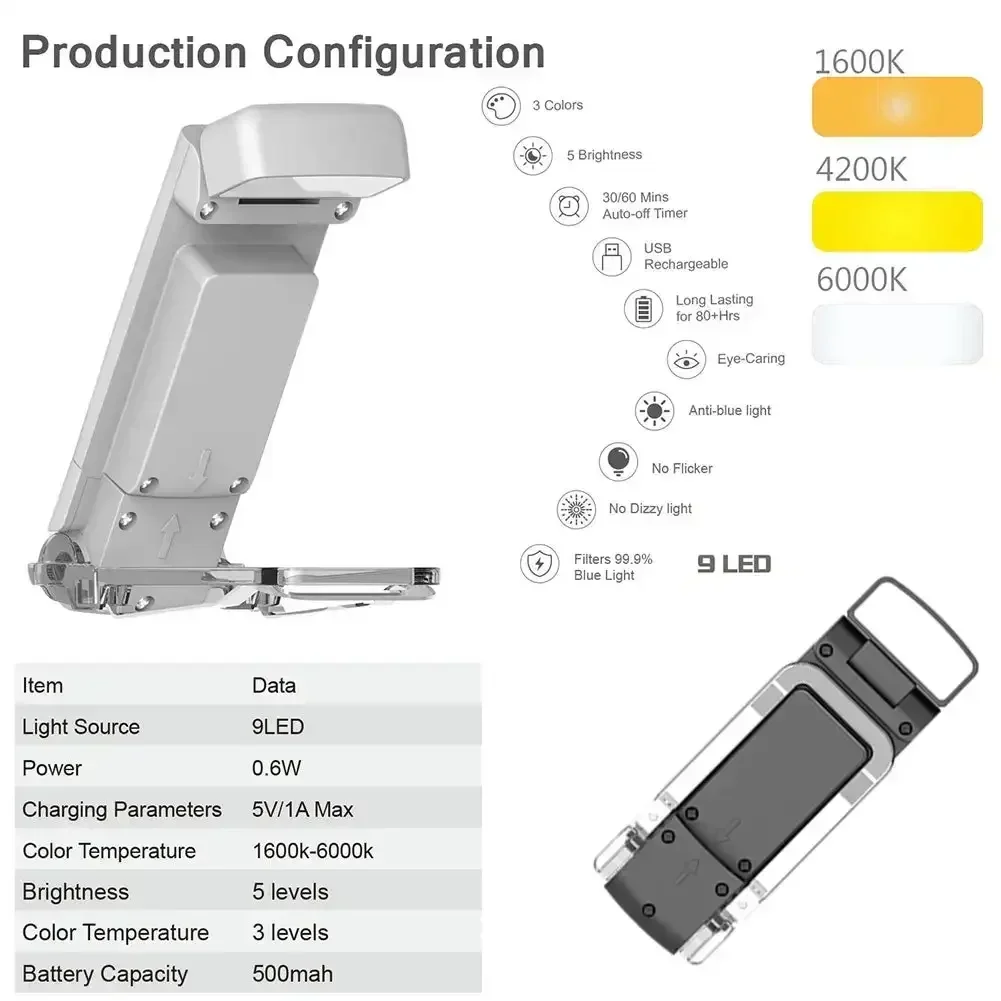 Portable Rechargeable Book Light with 3 Lighting Modes Clip-on LED Reading Light for Books Adjustable Brightness Reading