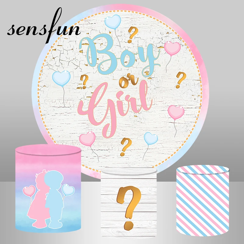 Boy O Girl Round Background Cover Blue Pink Heart Balloons Baby Shower Gender Reveal Party Photography Background Plinth Covers