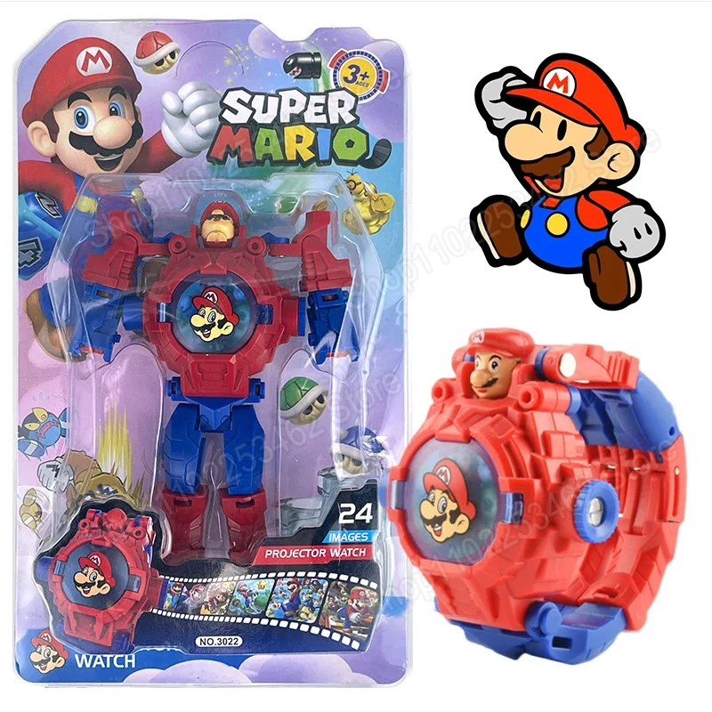 Super Mario Bros 3D Projection Watch Cartoon Model Mario Luigi Yoshi Action Figures Set Toys Anime Periferiche Bracciale