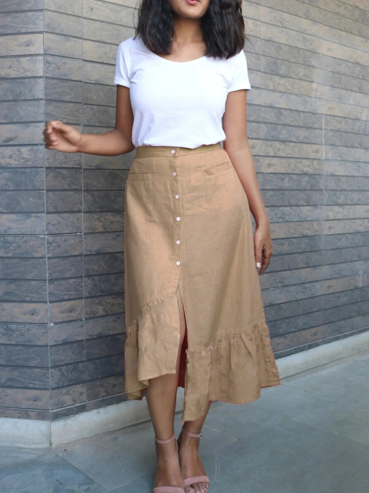 

Women's Skirts Irregular Hem Buttons Skirts Casual Loose Solid Color Long Skirt Woman Fashion Bottoms Office Lady Elegant Skirt
