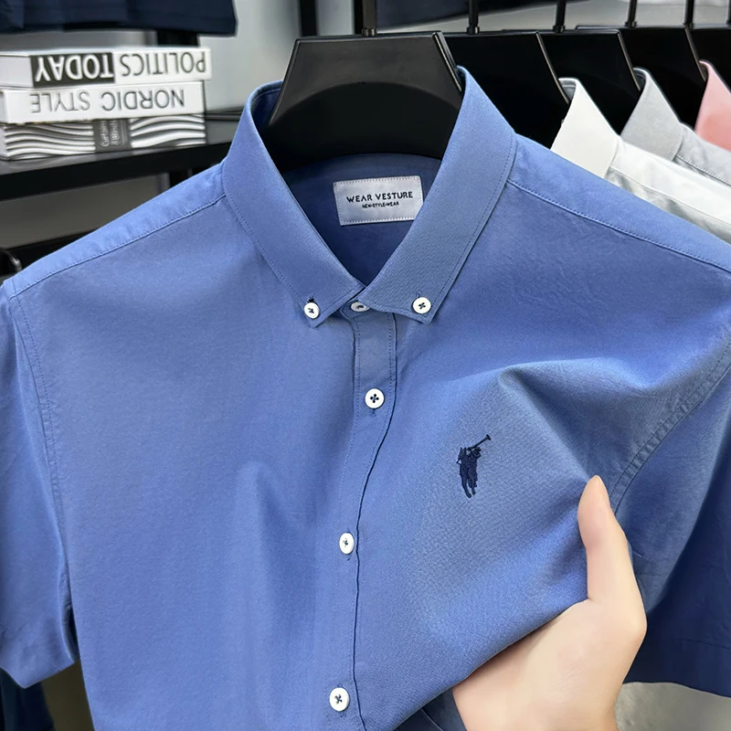 Solid Color Cotton Embroidered Small Horse Logo Shirt, Men's Short Sleeved Casual Versatile High-end Spring and Autumn Shirt
