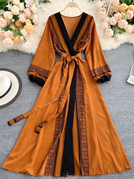 Spring Autumn Women Printed Long Dress Vintage Puff Sleeve High Waist A-Line Vestidos Female 2022 New Fashion Beach Robe 1
