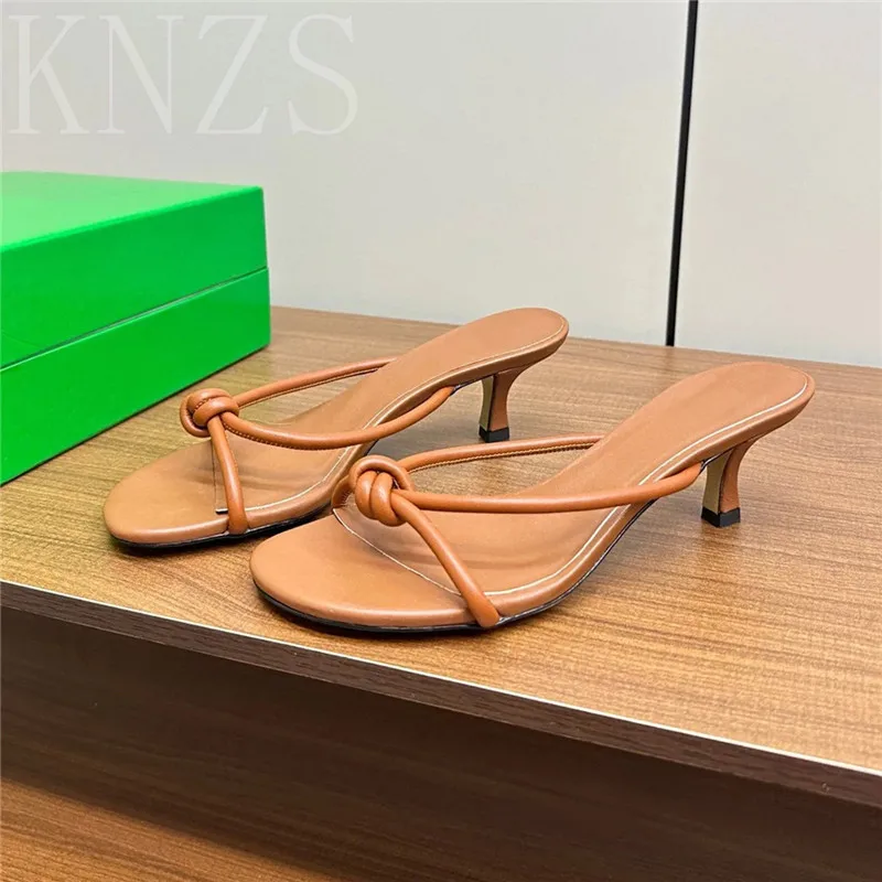 

Summer New Round Toe Open Toe Concise Slippers For Women Real Leather High Heels Slippers Narrow Band Decor Shallow Mouth Shoes