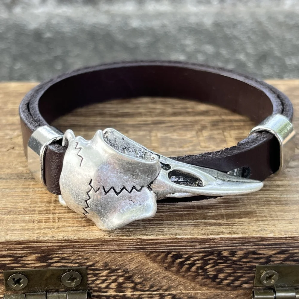 Norse Odin Raven Skull Punk Black Brown Genuine Leather Adjustable Cuff Bracelet Bangles Mens Womens Accessories Dropship 4
