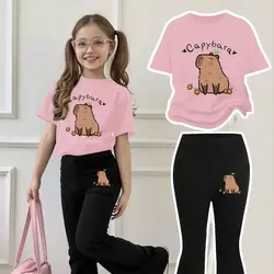 Adorable Capybara Print Outfit for Girls - Pink Short - Sleeved Shirt & Black Bell - Bottom Pants Set (Pink)