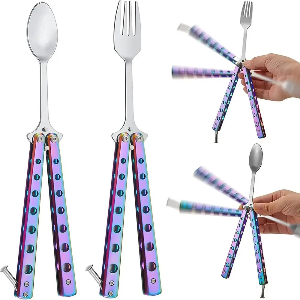 Durable Stainless Steel Butterfly Folding Spoon Fork Practice Training Outdoor Balisong Training Tool Tableware Camping