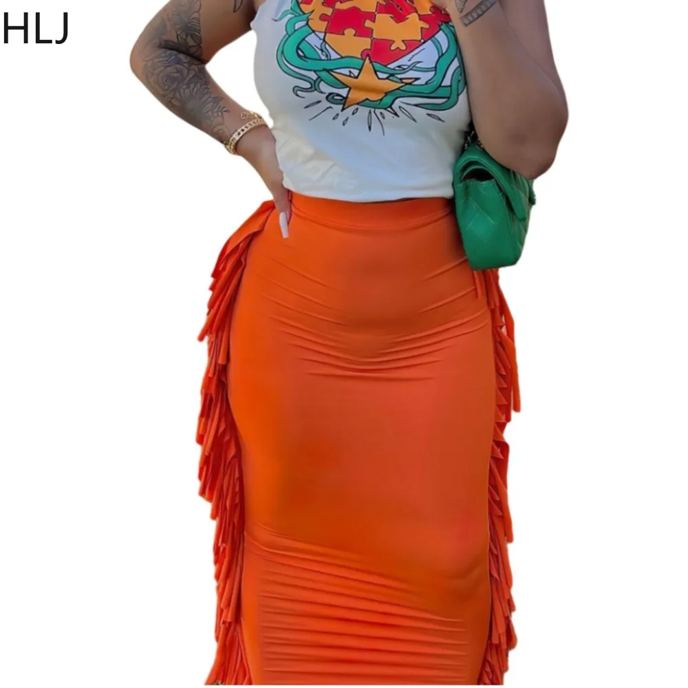 HLJ Summer New Pattern Print Tassels Skinny Skirts Two Piece Sets Women O Neck Sleeveless Top + Skirts Outfits Female Streetwear