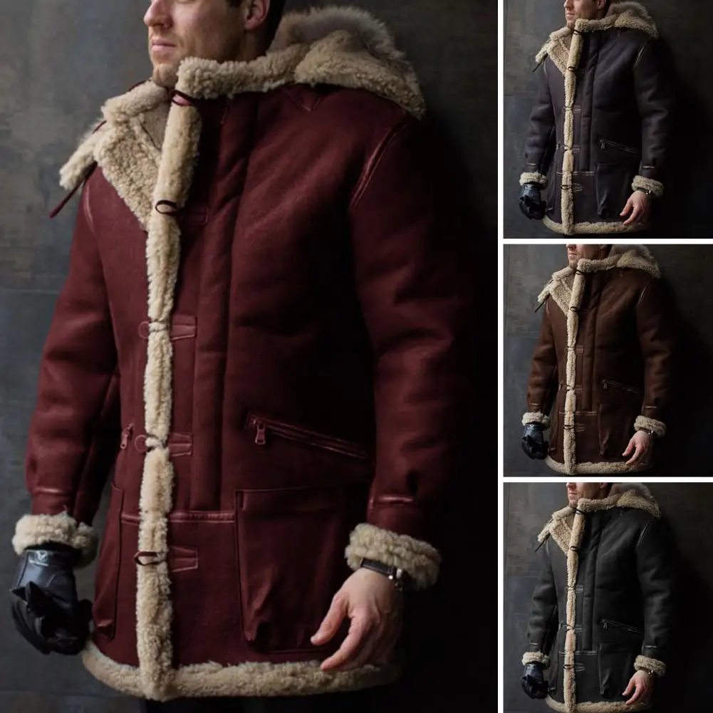 

Cozy Hooded Jacket Men Winter Jacket Retro Hooded Winter Jacket Lapel Single Breasted Button Closure Warm Imitation Wool for Men