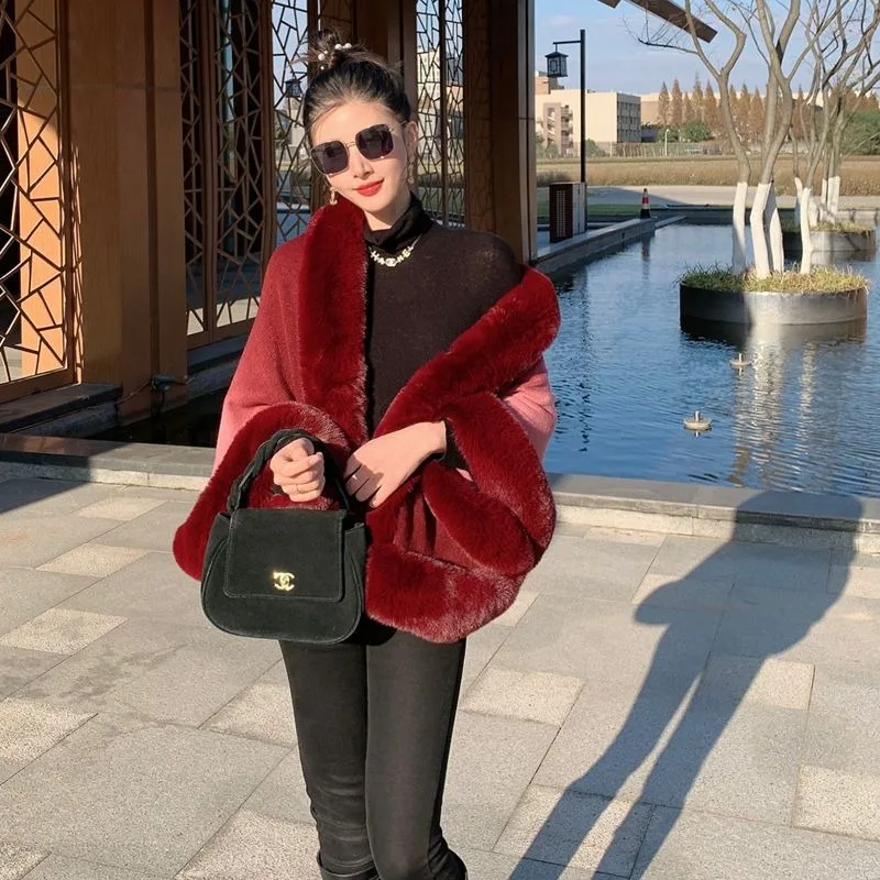 2023 Autumn Winter New Imitation Fur Short Splicing Shawl Fur Collar Cardigan Thin Warm Coat Female Fashion High-end Top Trend