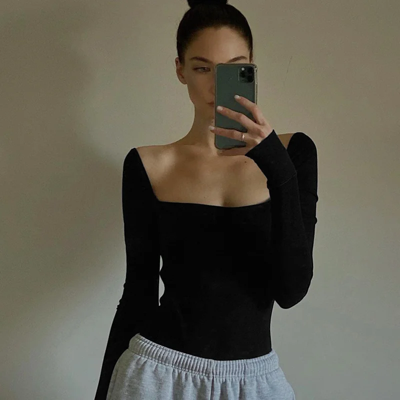 

Bodysuit Long Sleeve Women Body Streetwear Dropshipping Forefair Sexy Bodycon Square Neck Sheath Crotch Basic Black Overalls Top