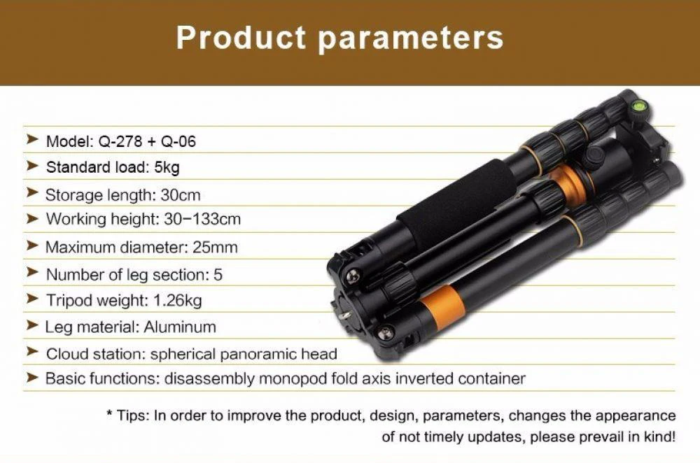 QZSD Q278 Professional Portable Aluminium Alloy Camera Travel Lightweight Tripod