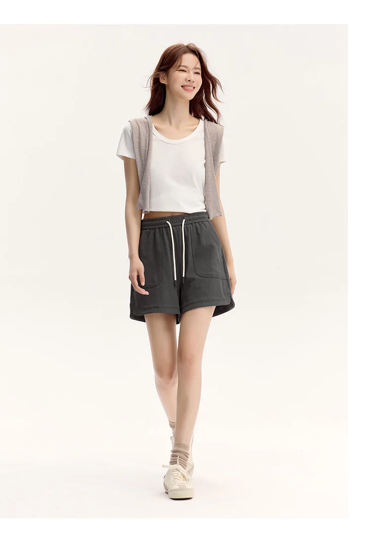 Semir Casual Trousers Women Elastic Waist Loose Straight-leg Trousers 2024 New Summer Version Split Textured Shorts