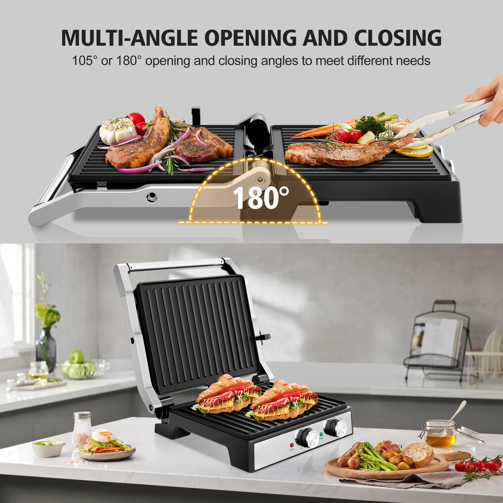 1500W 4-Slice Panini Press With Timer, Adjustable Temp & 180° Opening - Electric Grill, Stainless Steel Sandwich Maker 3