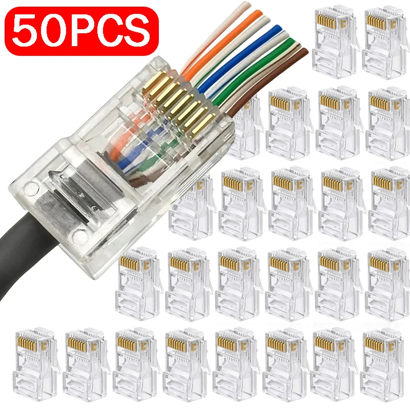 

1-50Pcs RJ45 CAT6 CAT5e Pass Through Connectors Crystal End Gold-Plated 8P8C Crimp UTP Standard Ethernet Network Modular Plug