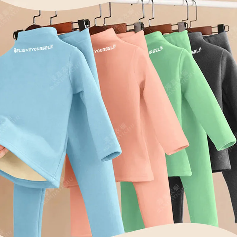 Children Velveteen Underwear Suit Winter Warm Bear Print Long Sleeve Tops Conjuntos Boys/Girls Leggings Pants 2 Piece Sets
