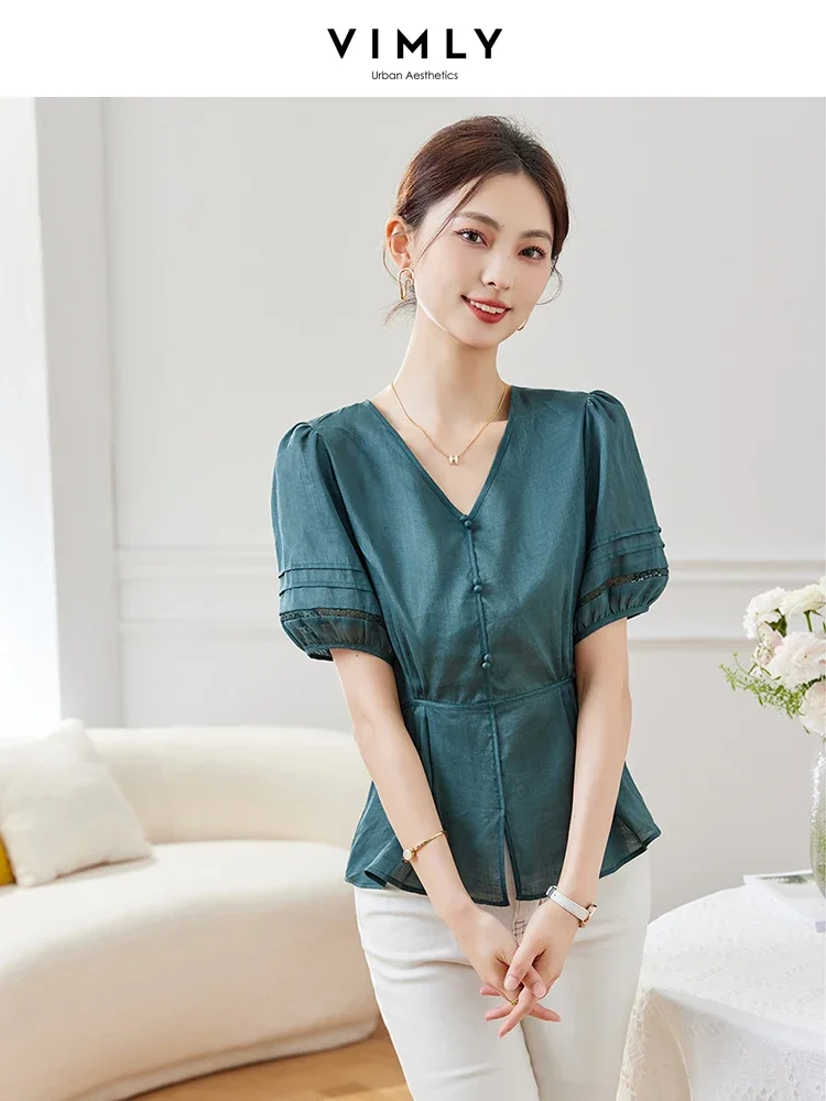 

Vimly 100% Ramie Short Puff Sleeve Peplum Shirts for Women 2023 V-neck Tied Belt Buttoned Front Summer Shirts & Blouses Tops