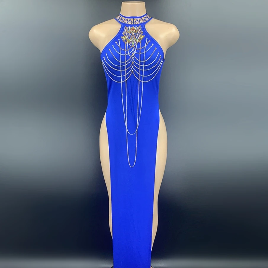 

Rhinestones Chain Sexy Backless High Slit Sheath Evening Party Performance Costume Bar Nightclub Singer Dancer Stage Wear