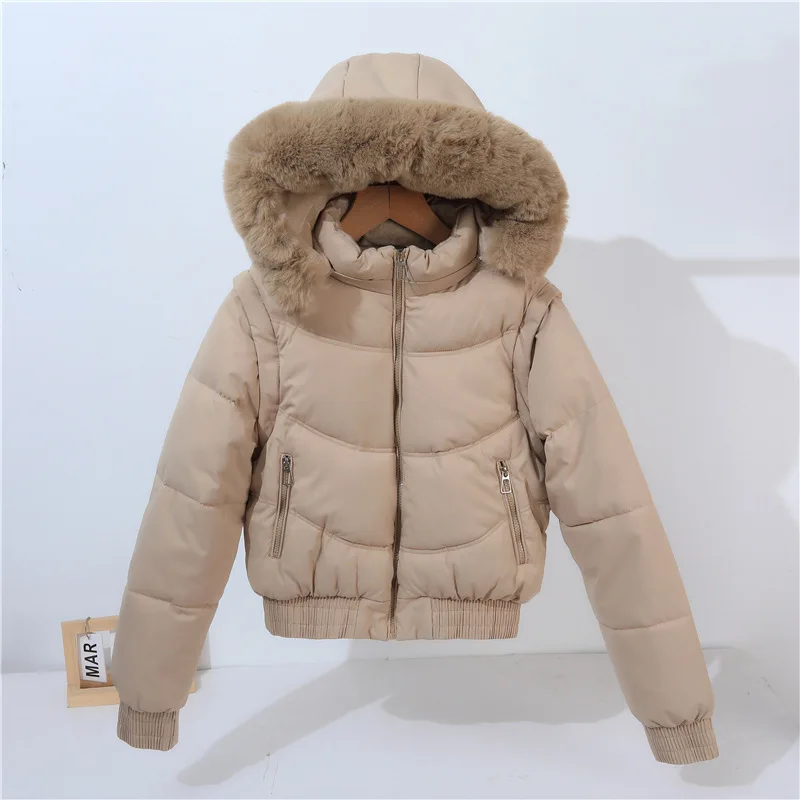 Winter Thickened Short Korean-Style Cotton-Padded Jacket with Fur Collar for Petite Women Warm Coat down Filled