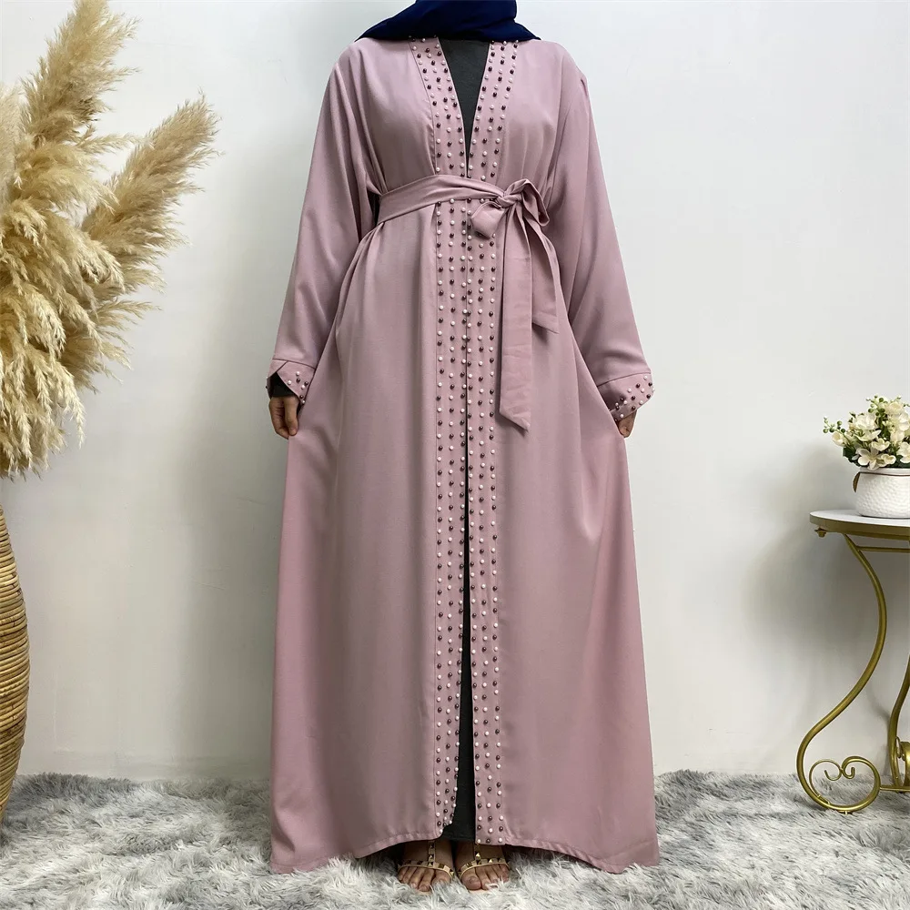 Dubai Nail Bead Kimono Sleeve Cardigan Women Open Front Robe Muslim Islamic Lace Abaya Kaftan With Belted Ramadan Dress