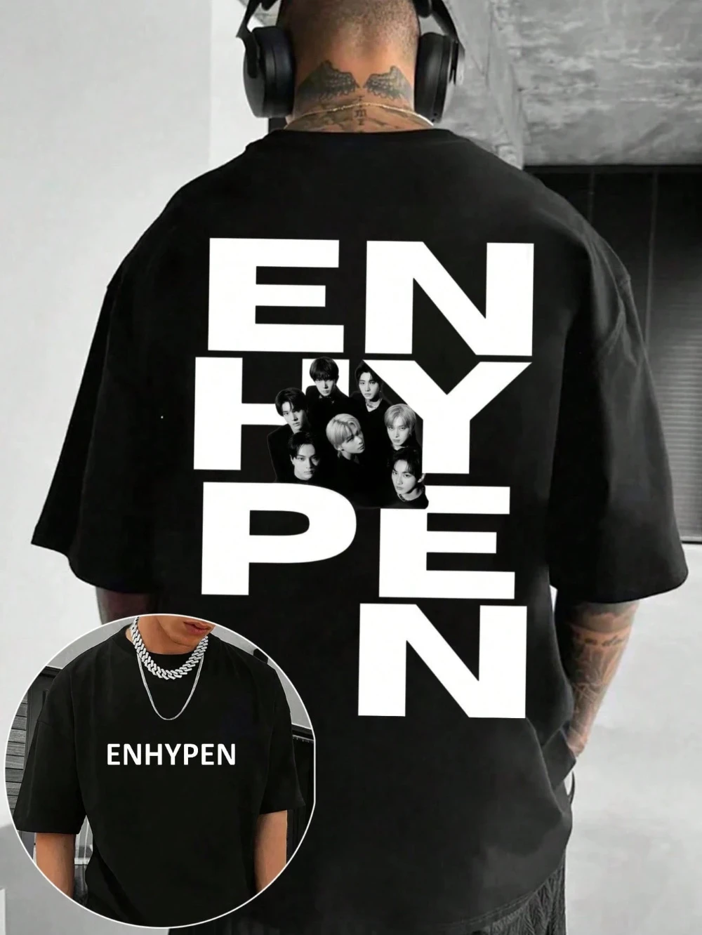 Enhyphen Group Portrait Design Herren T-Shirt Koreanischer Stil Grafik T-Shirt Paar Ganzjahres-T-Shirt aus reiner Baumwolle Vintage-T-Shirt