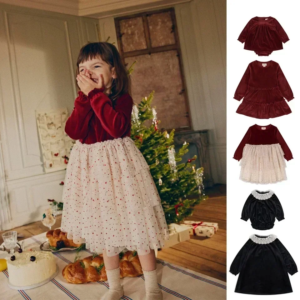 

In Stock! Girls Dress KS Winter Christmas Kids Lace Velvet Long Sleeve Princess Flower Dress Kids Clothes