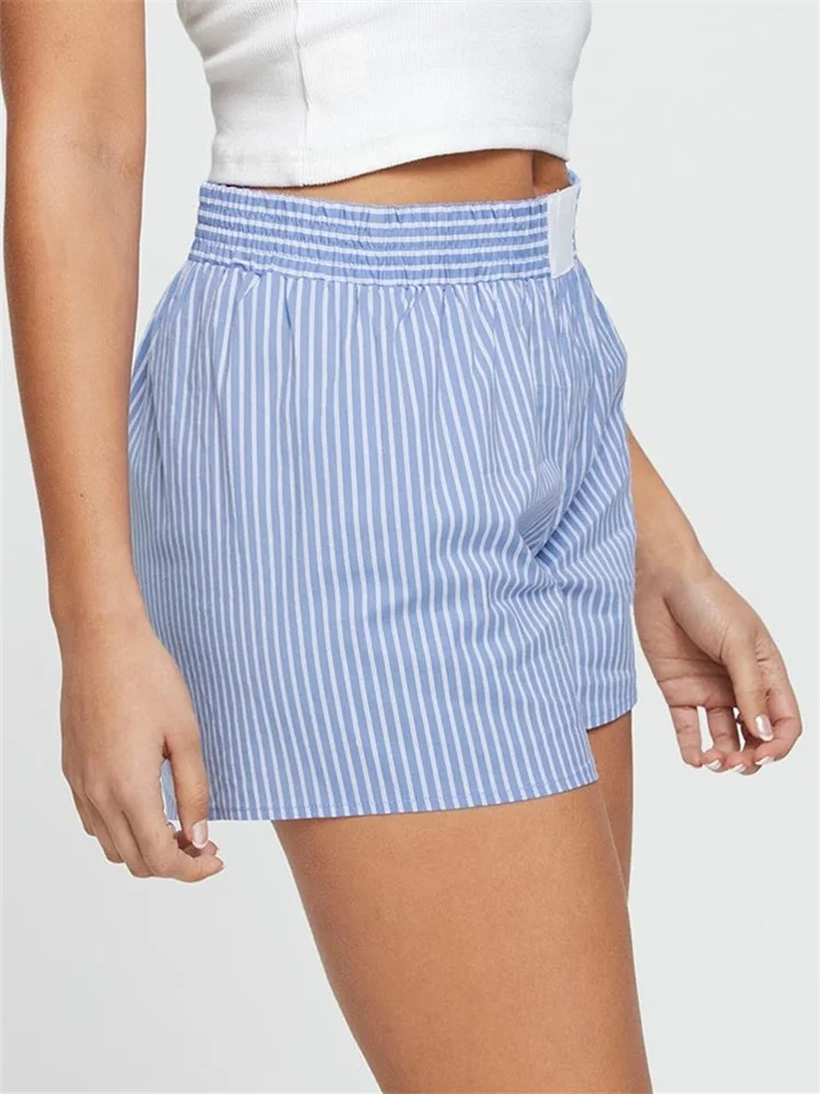 Women Summer Casual Pajama Shorts Kawaii Striped Boyshorts Elastic Loose Fit Button Lounge Bottoms Pj Y2K Home Suit_ecoleips.com