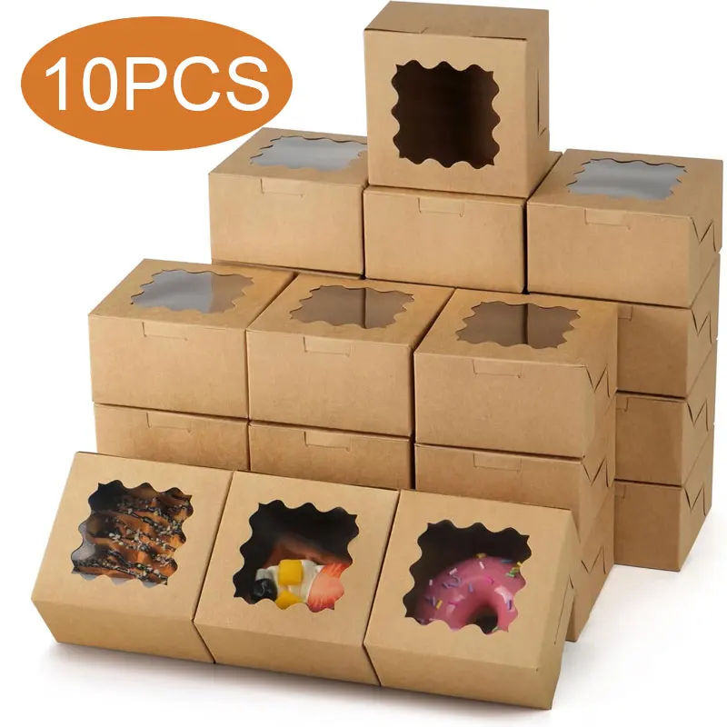 50/100Pcs Kraft Paper Cake Boxes with Clear Window, 4x4x2.5 Inch Cardboard Dessert Cont... - SKU KPCB1696 - UGI Packaging