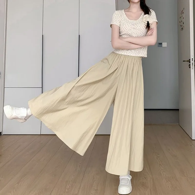 Women Wide-legged Pants A-line Dress Pants Woman Clothing High Waisted Loose Fit Casual Solid Design Summer Thin Slim Almond