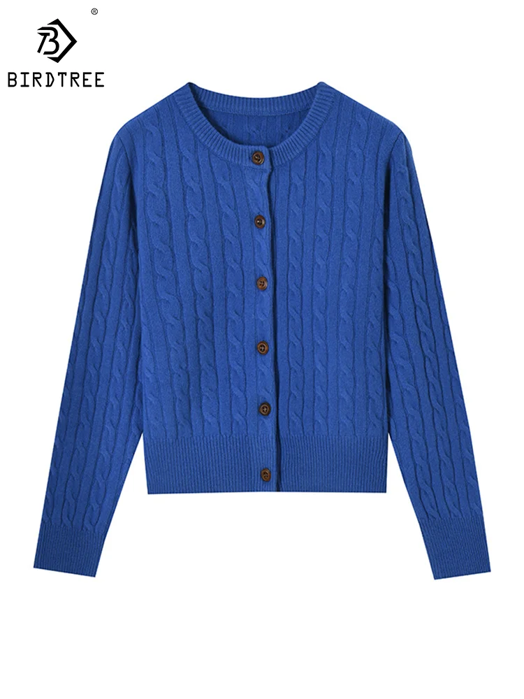

BirdTree 100%Pure Wool Cardigan For Women, Twist Loose Woolen, Elegant Fashion Knit Coat, 2024 Spring New, Blue Red C41691QM