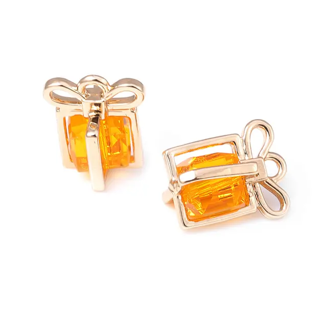 10PCS 18K Gold Color Brass and Glass Gift Box Charms