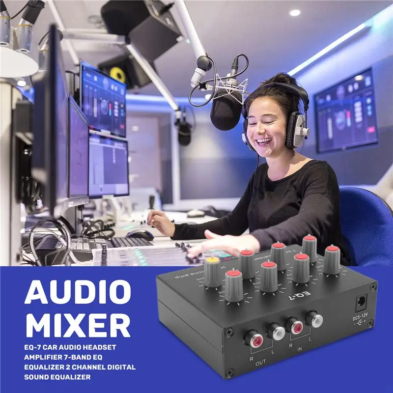 A23F-EQ-7 차량용 오디오 헤드셋 앰프 7밴드 EQ 이퀄라이저 2채널 오디오 믹서 이퀄라이저 디지털 사운드 이퀄라이저
