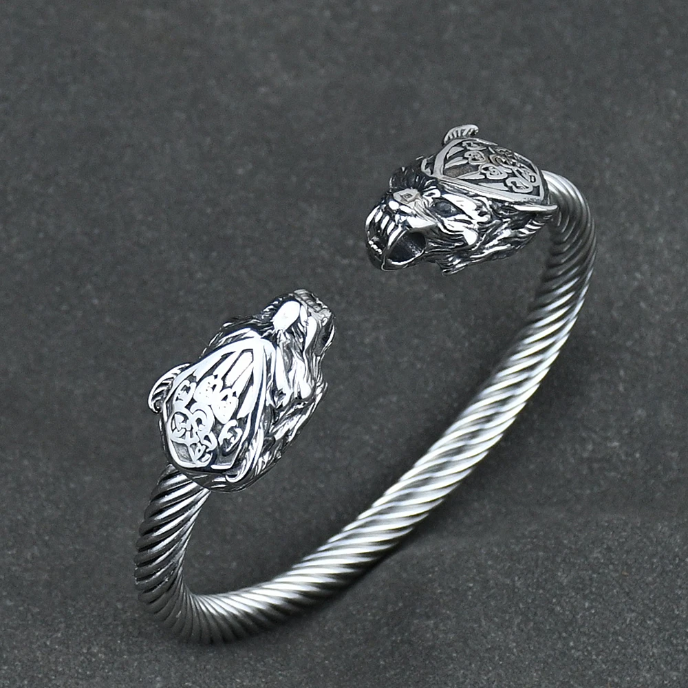 Men Stainless Steel Viking Wolf Geri and Freki Bear Paw Head Bangle amulet Bracelets for Male Gift 6