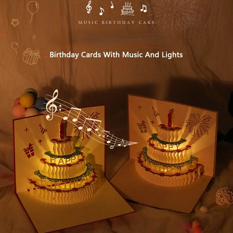 1PC 3D Pop Up Birthday Greeting Cards Auto Play Music Warm LED Light ...