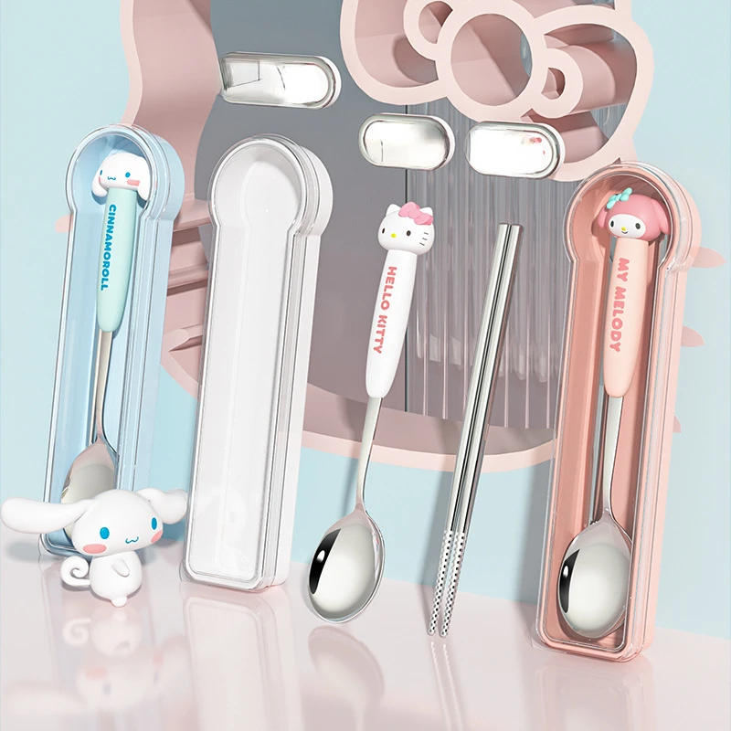 Kawaii Cinnamorolls 304 Stainless Steel Portable Commuter Cutlery Cute Melodys Kid Cartoon Spoon Student Cutlery Chopsticks Gift