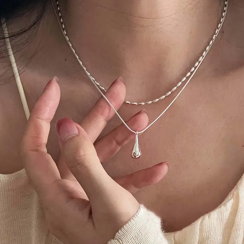 ファッションシルバーカラー二重層水滴ペンダントネックレス女性のため