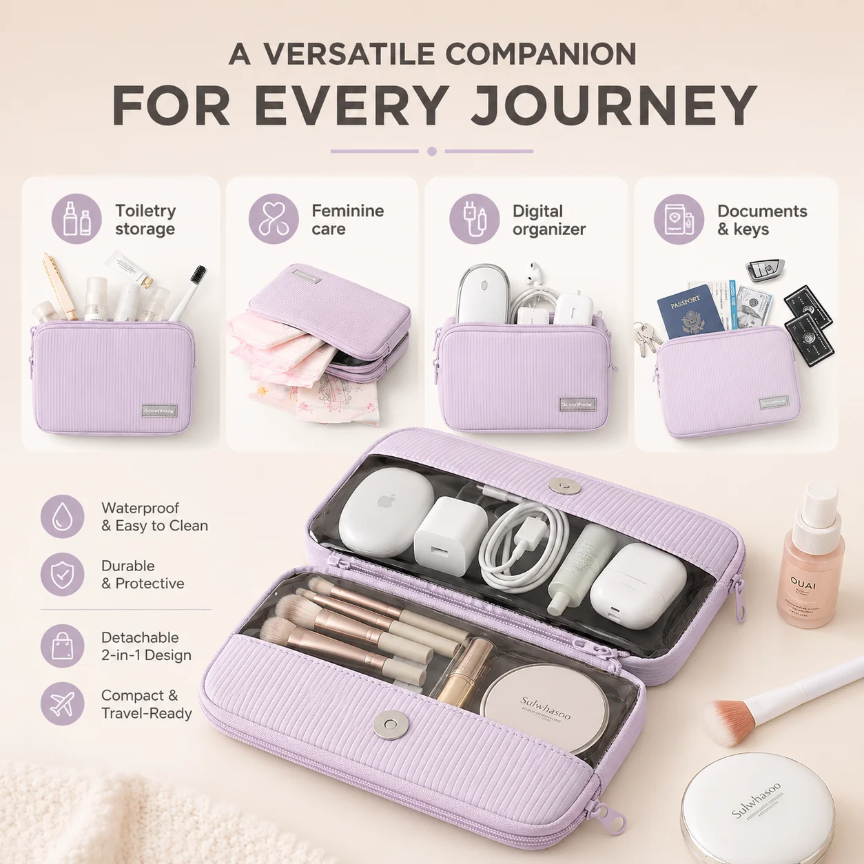 Women's Large Waterproof Travel Makeup and Toiletry Organizer with Clear Pocket