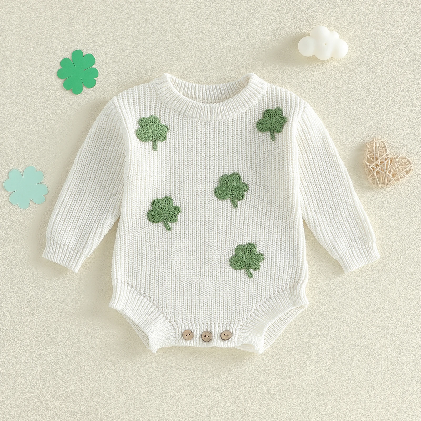   소녀 소년 롬퍼 긴 소매 크루 넥 샴록 자수 귀여운 봄 니트 점프 슈트