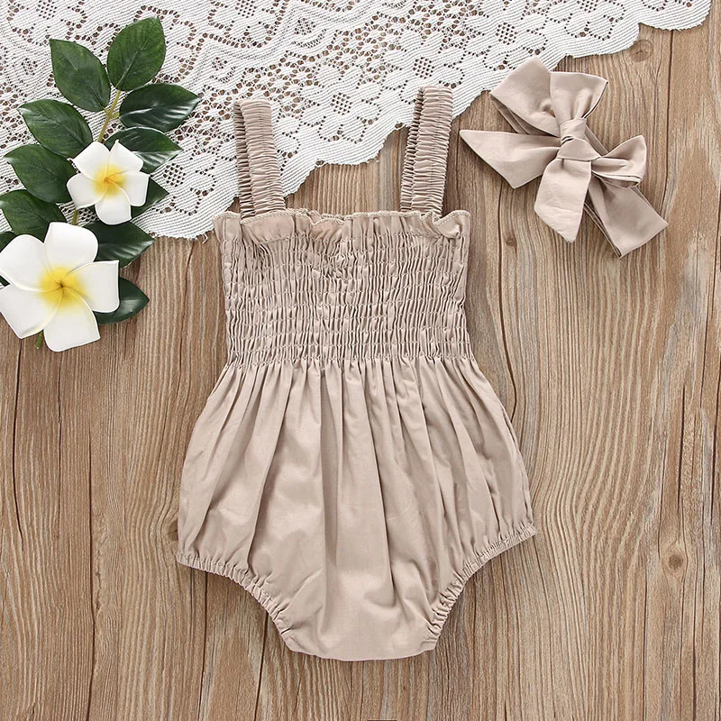 Baby's Clothes Summer Jumpsuit Outfit Solid Color Ruched Toddler Girl Casual Sleeveless Suspender Kids Rompers Headband Set