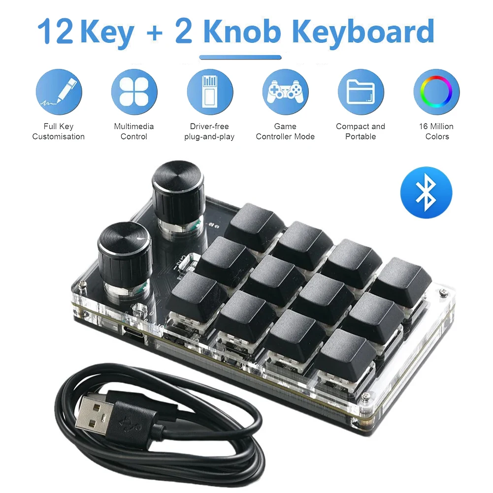 

Bluetooth USB Dual Mode Macro Custom Mini Keyboard 12 Keys 2 Knob Programming DIY Mechanical Keyboard Gaming Hot-swap Keypad