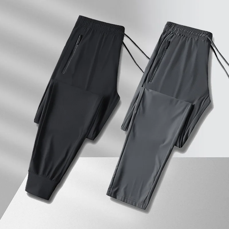 Mens Ice Silk Running Pants - Lightweight Sports Jogging Bottoms with Zip Pockets