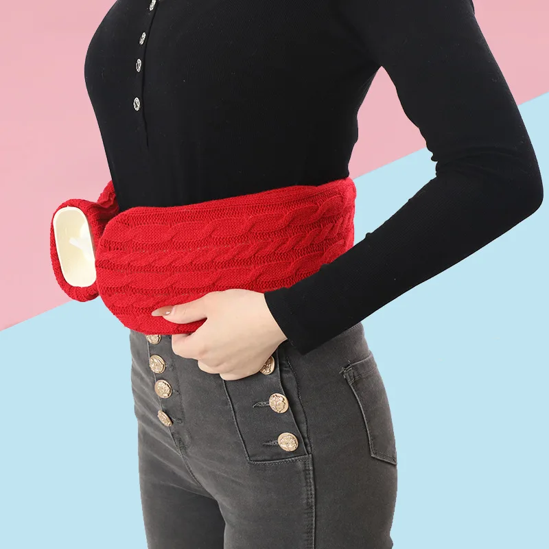 2L Classic Long Hot Water Bottle with Cable Knitted Cover Hot Water Bag Pain Relief Water Heating Pad Gift for Women and Girls