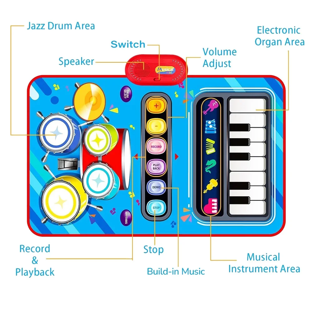80X50Cm Music Play Mat for Kids Toddlers Floor Piano Keyboard Drum Toys Dance Mat Sounds Maker for Kids Educational Toys