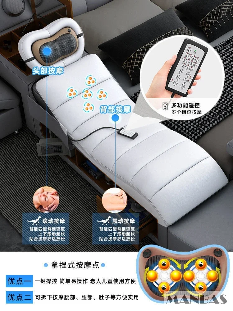 MANBAS Tech Smart łóżko z prawdziwej skóry | Wielofunkcyjne najlepsze łóżka | Łóżko do masażu Tatami z rzutnikiem | Tapicerowana Cama