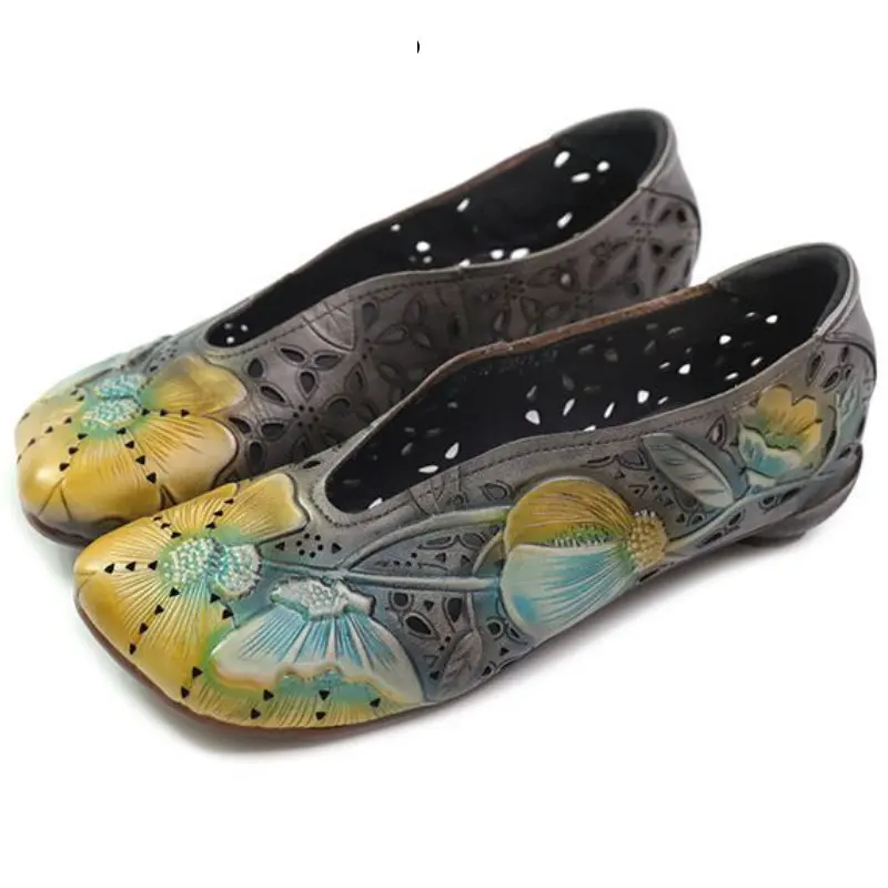 

Балетки женские из натуральной кожи, мягкие квадратные лоферы, без застежки, Мокасины, натуральная кожа, плоская подошва, цветочный узор, этнический стиль, лето