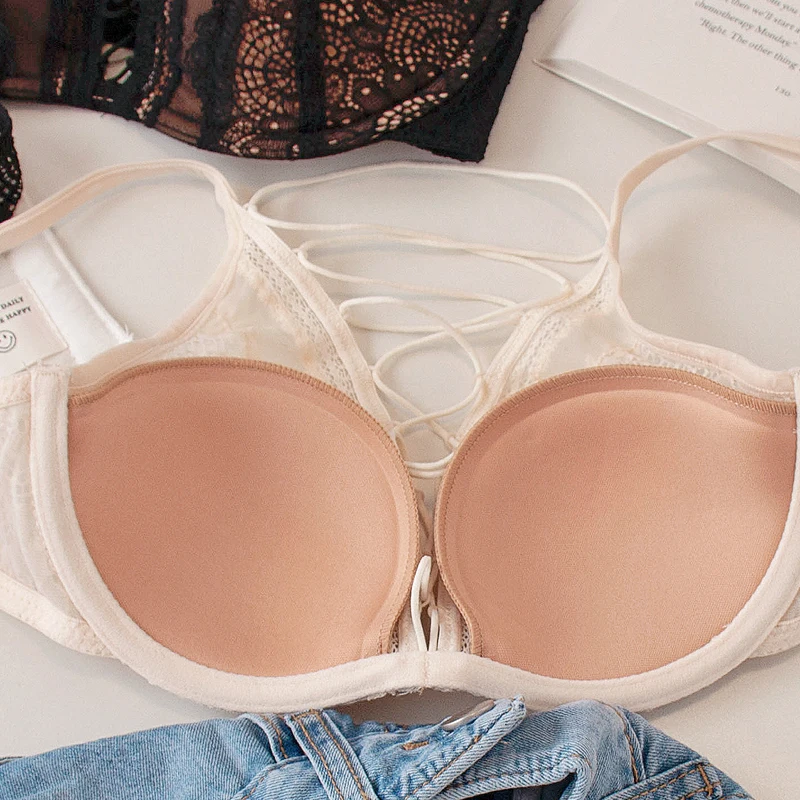 Sexy halter lace straps gathered underwear bras inner fashion large gathered lingerie female hollow lace bra set