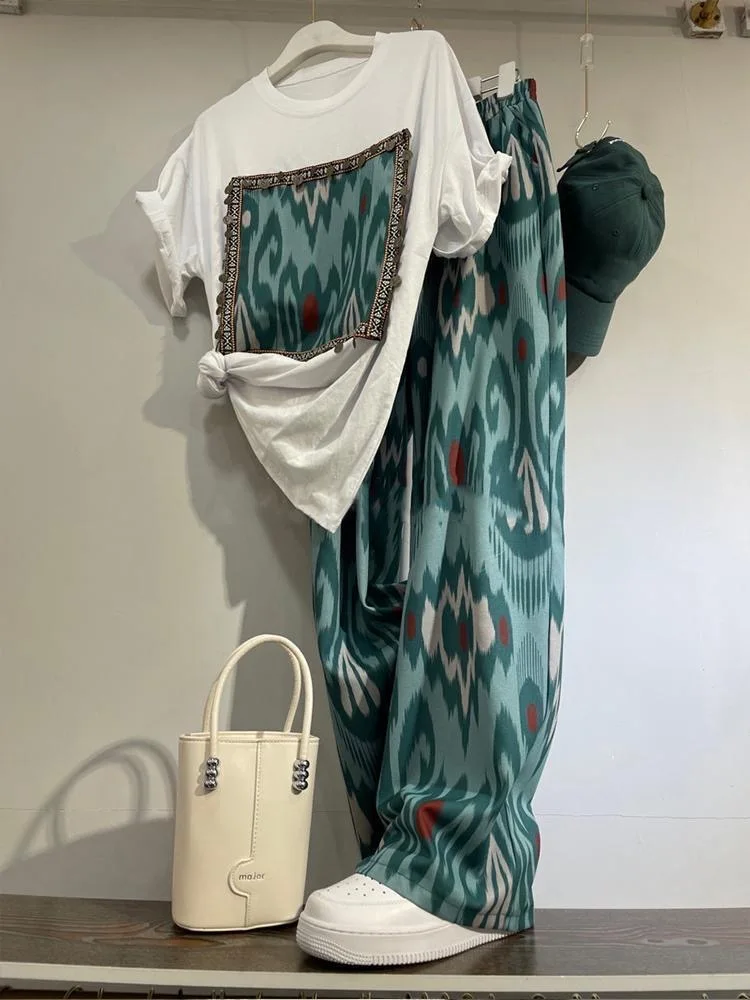 High Waist Wide Leg Pants Floral Print ort Sve T-irt Women's Summer Casual Loose Faionable Two-Piece Set Trendy