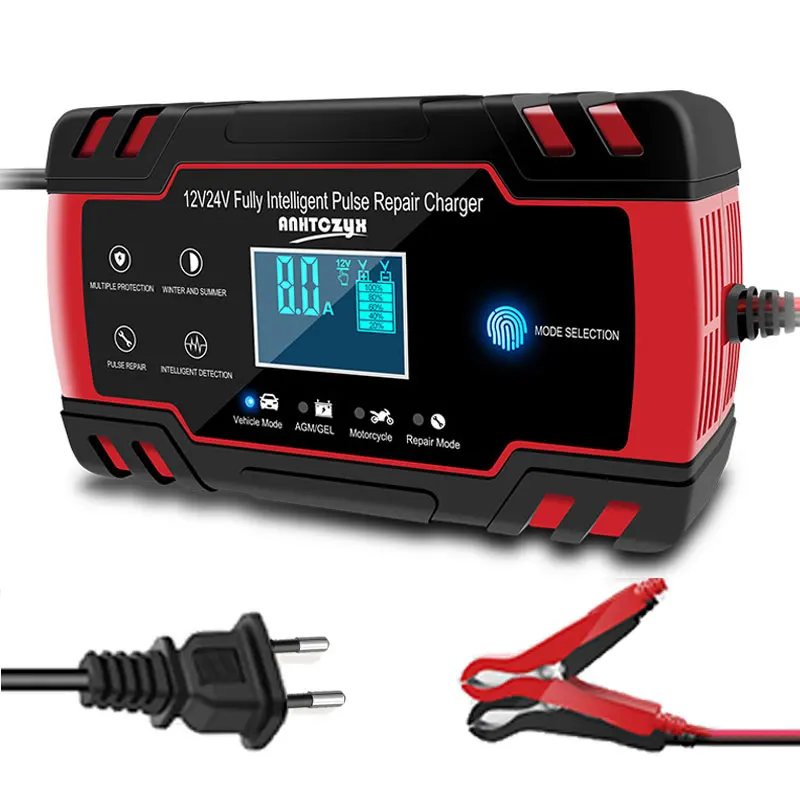Car Battery Charger 12/24V 8A Touch Screen Pulse Repair LCD Fast Power Charging Wet Dry Lead Acid Digital LCD Display