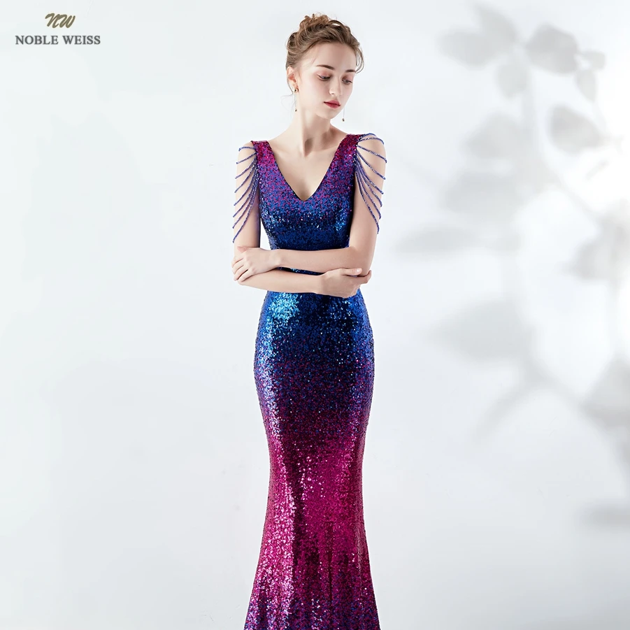 Women prom dresses v-neck sequin mermaid floor length gown zipper back