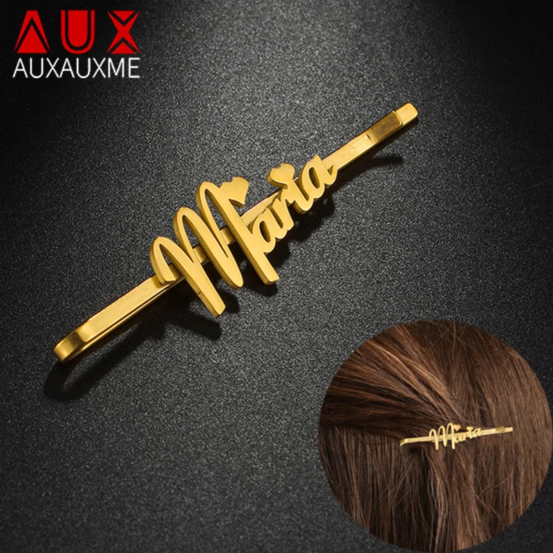 Auxauxme Personalized Name Barrettes for Women Stainless Steel Custom Nameplate Hair Clip Accessories Jewelry Anniversary Gifts