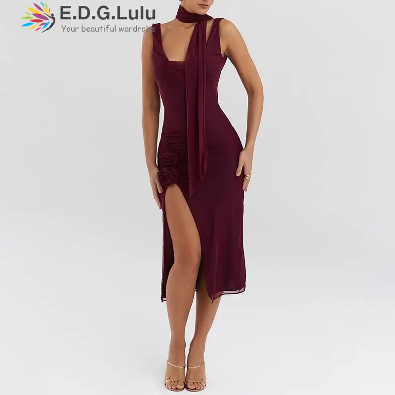 

EDGLuLu Women Summer Spaghetti Strap Square Neck Sexy Dress Elegant Backless Fold Split Red Mesh Midi Dress Club Wear 0308